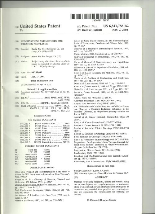 专利号：US6,811,788B2   发明人：于保法  授权日期：2004年